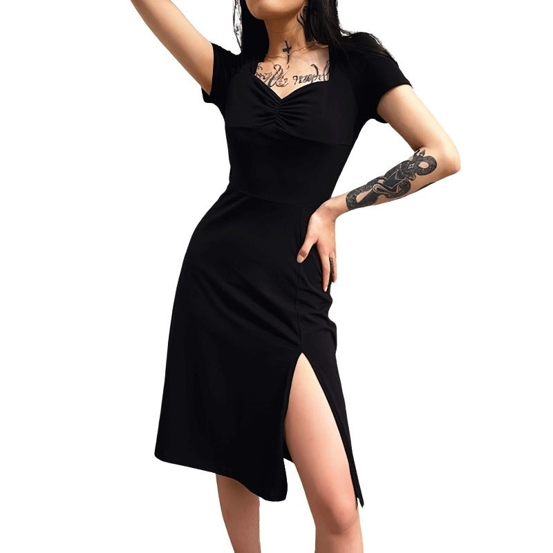 Square Neck Elegant Black Dress / Side Split Short Sleeves Casual Dress / Female Gothic Dresses - image 2