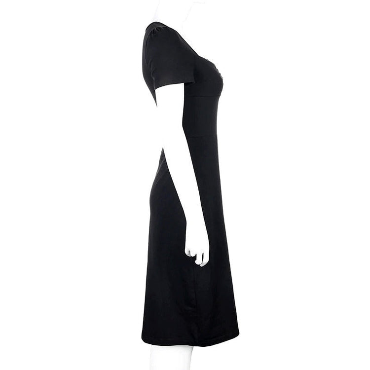Square Neck Elegant Black Dress / Side Split Short Sleeves Casual Dress / Female Gothic Dresses - image 3