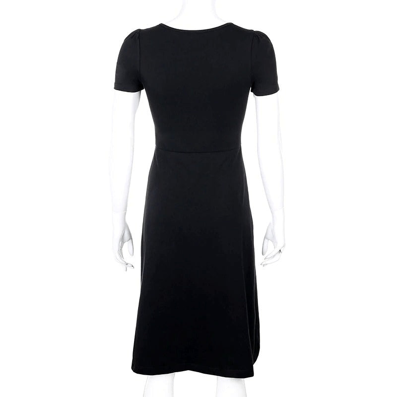 Square Neck Elegant Black Dress / Side Split Short Sleeves Casual Dress / Female Gothic Dresses - image 4