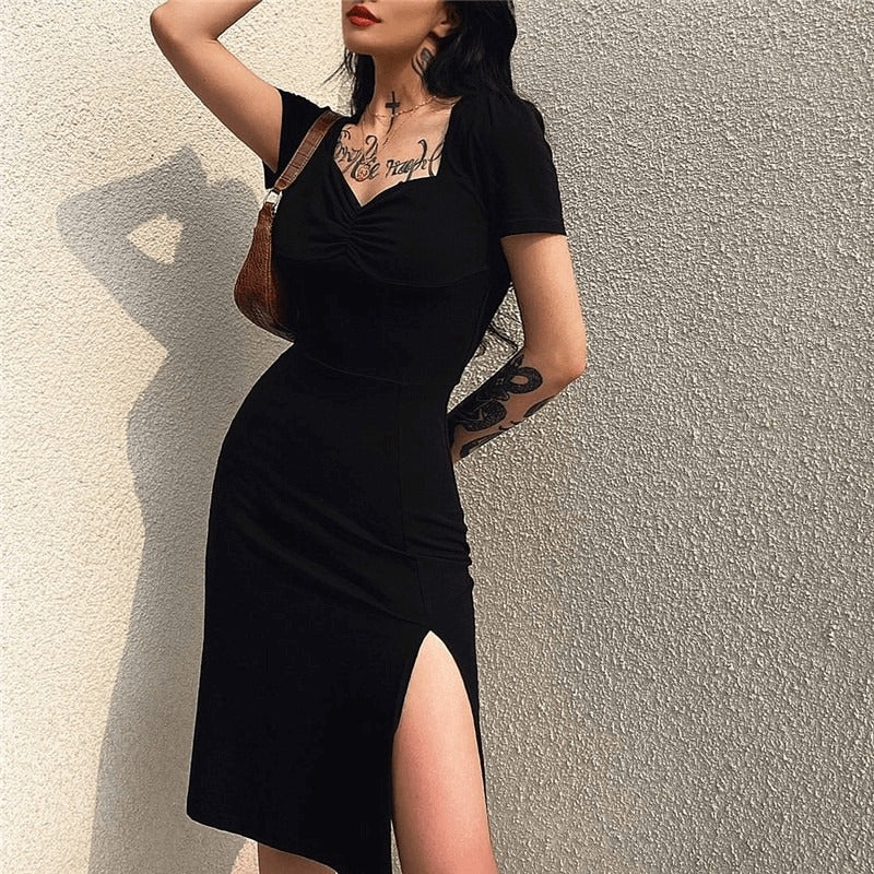 Square Neck Elegant Black Dress / Side Split Short Sleeves Casual Dress / Female Gothic Dresses - image 15