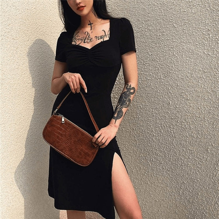 Square Neck Elegant Black Dress / Side Split Short Sleeves Casual Dress / Female Gothic Dresses - image 14