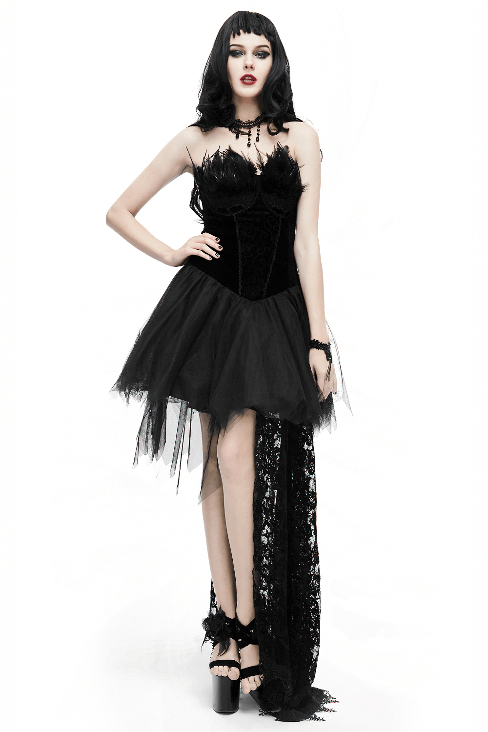Strapless Dress With Lace Train / Gothic Asymmetry Hem Dress with Feathers - image 1