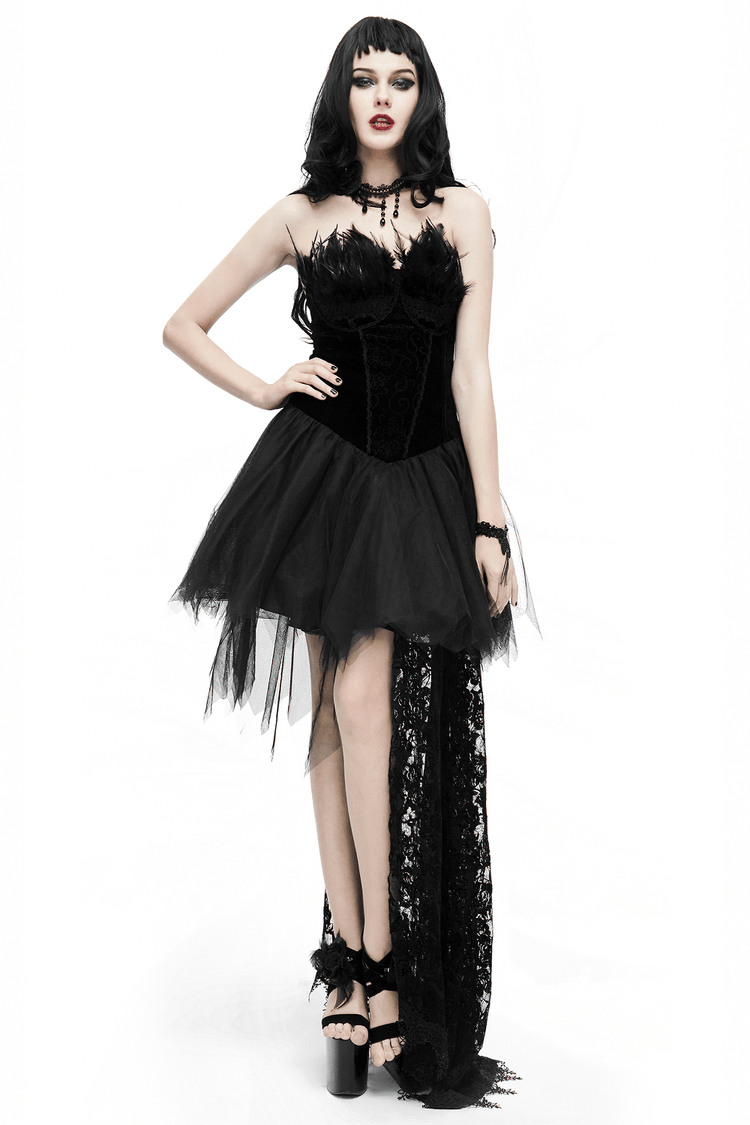 Strapless Dress With Lace Train / Gothic Asymmetry Hem Dress with Feathers - image 1