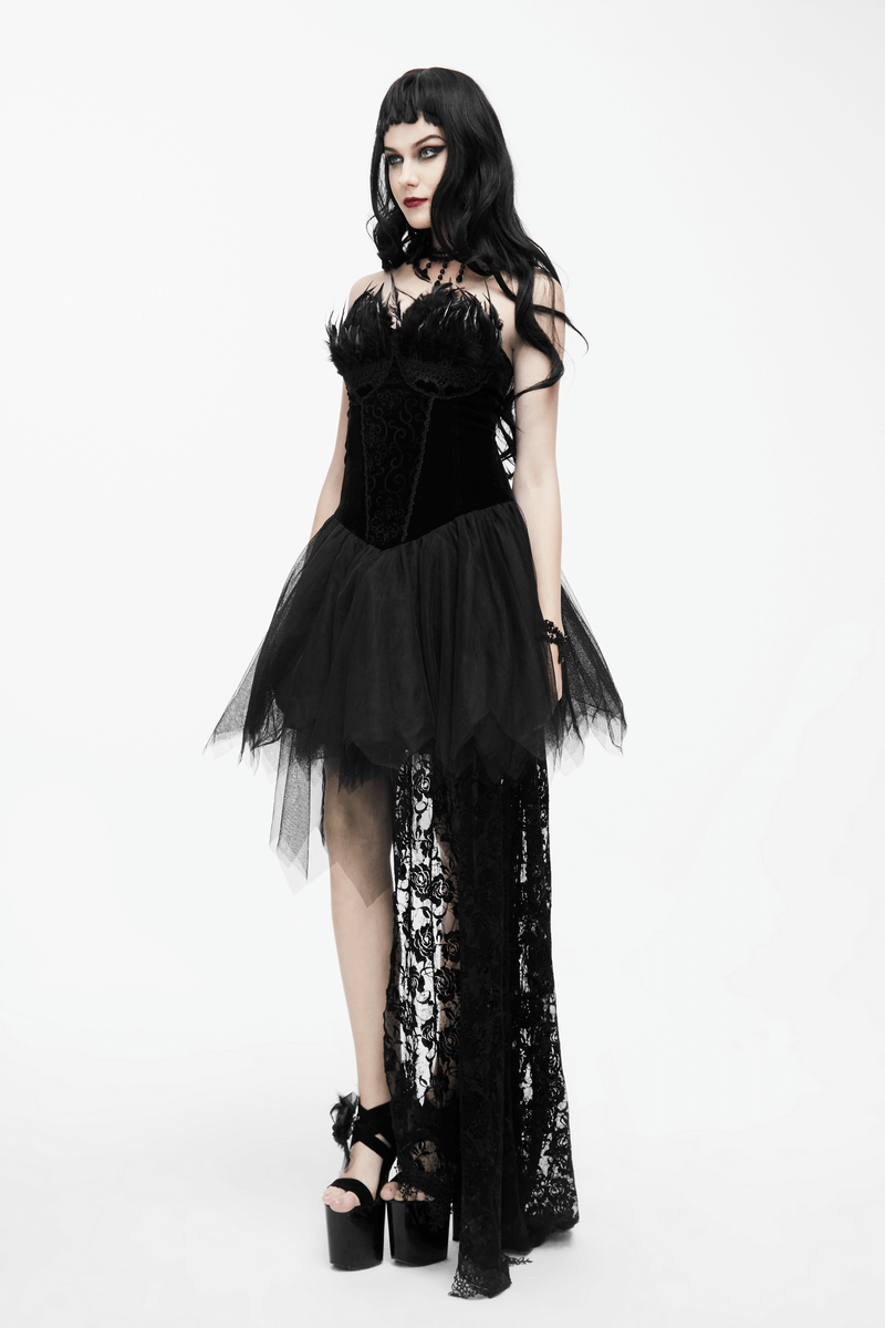 Strapless Dress With Lace Train / Gothic Asymmetry Hem Dress with Feathers - image 23