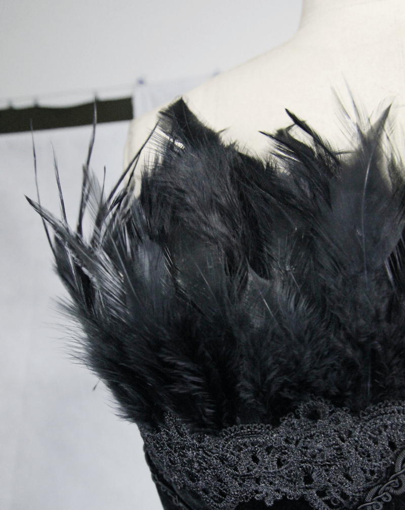 Strapless Dress With Lace Train / Gothic Asymmetry Hem Dress with Feathers - image 9