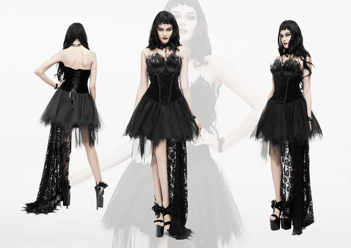 Strapless Dress With Lace Train / Gothic Asymmetry Hem Dress with Feathers - image 24