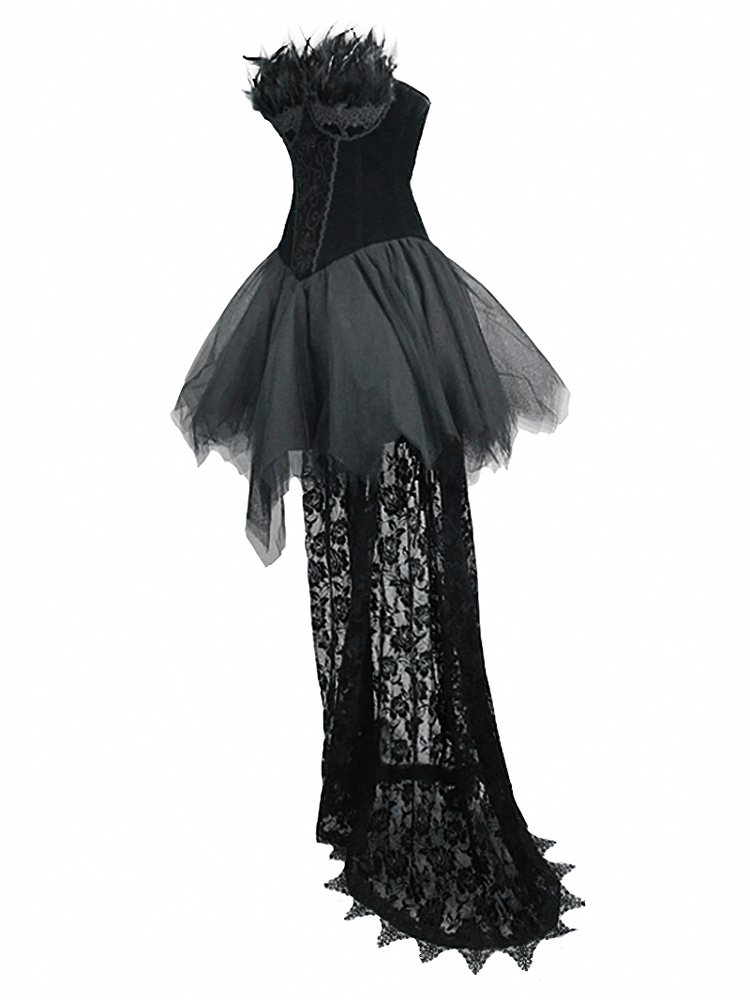 Strapless Dress With Lace Train / Gothic Asymmetry Hem Dress with Feathers - image 4
