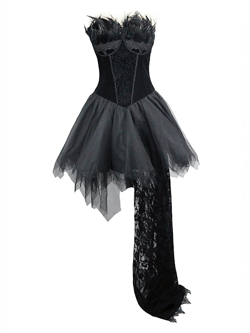 Strapless Dress With Lace Train / Gothic Asymmetry Hem Dress with Feathers - image 3