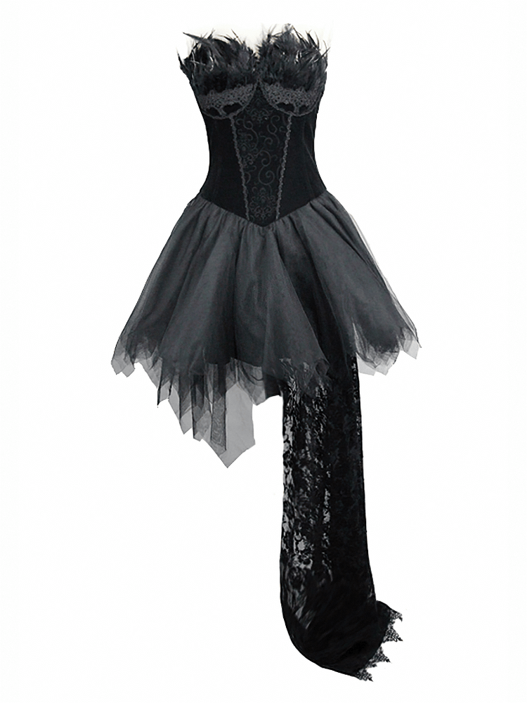 Strapless Dress With Lace Train / Gothic Asymmetry Hem Dress with Feathers - image 3