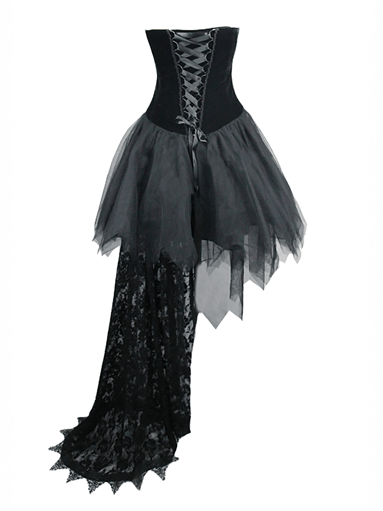 Strapless Dress With Lace Train / Gothic Asymmetry Hem Dress with Feathers - image 5