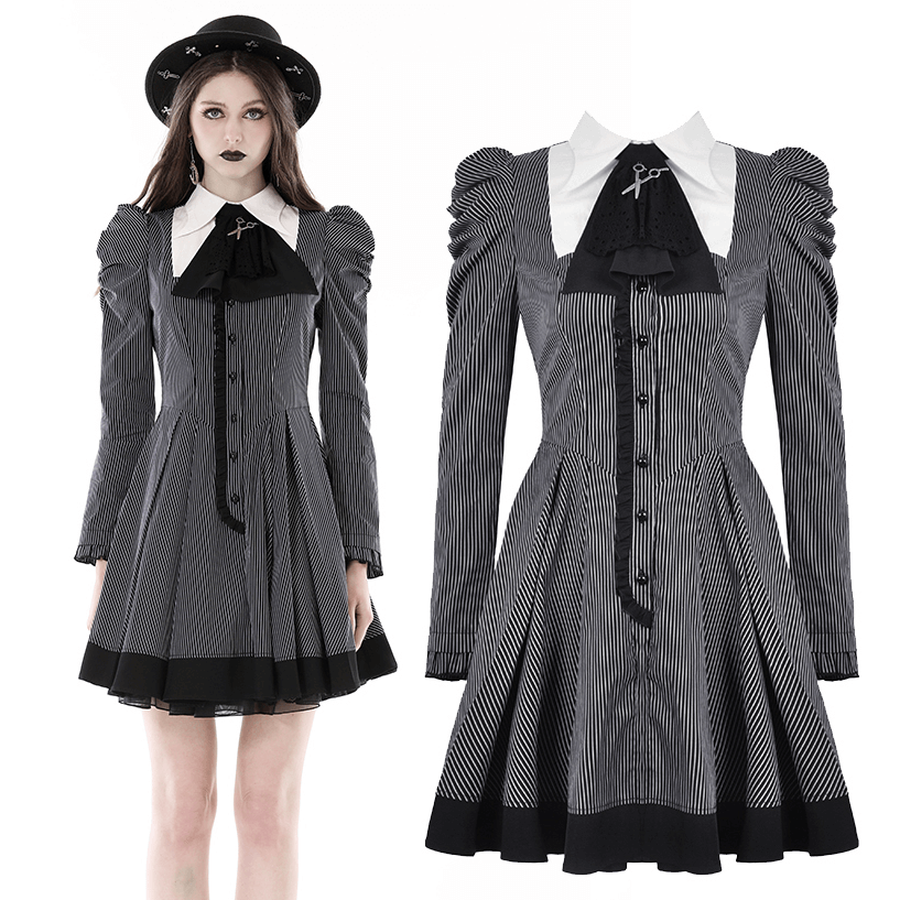 Steampunk Striped Dress with Ruffled Sleeves and Bow - image 3