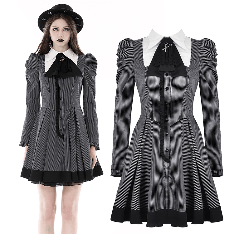 Steampunk Striped Dress with Ruffled Sleeves and Bow - image 3