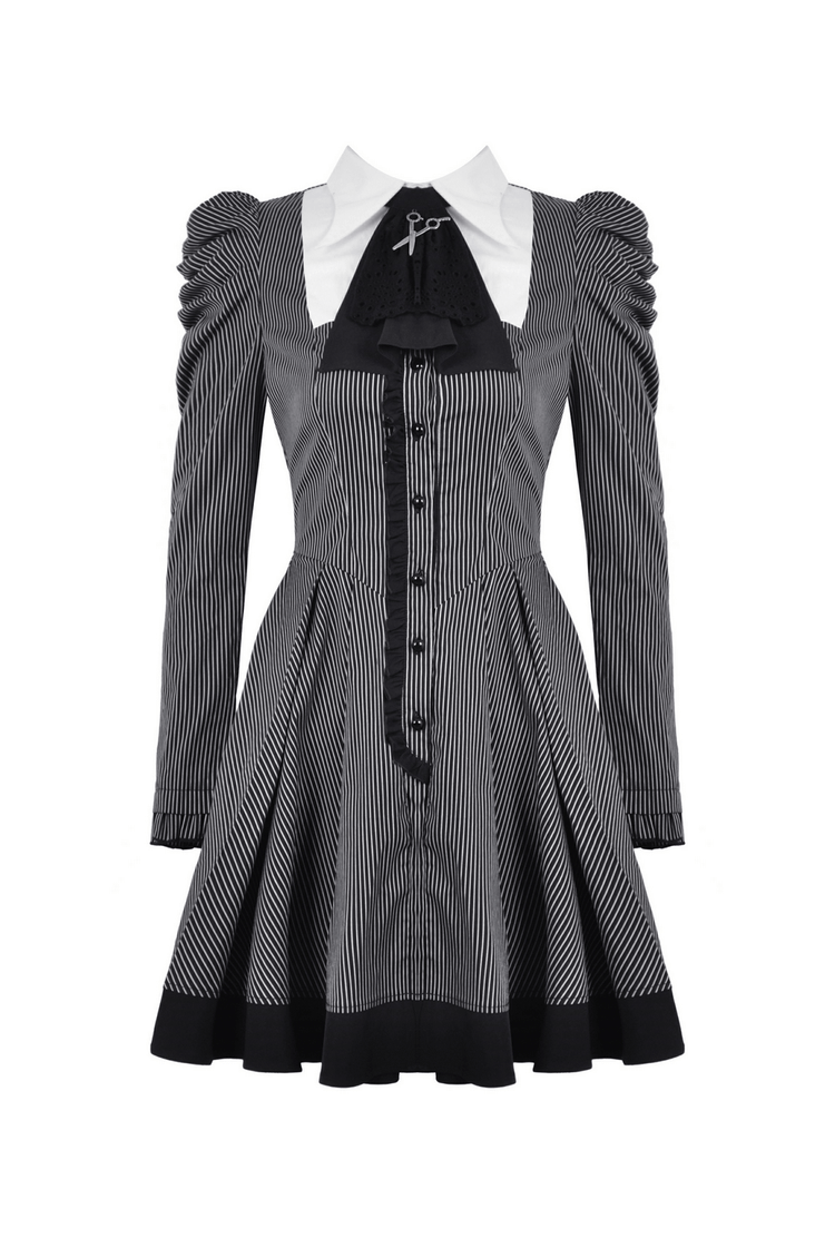 Steampunk Striped Dress with Ruffled Sleeves and Bow - image 4