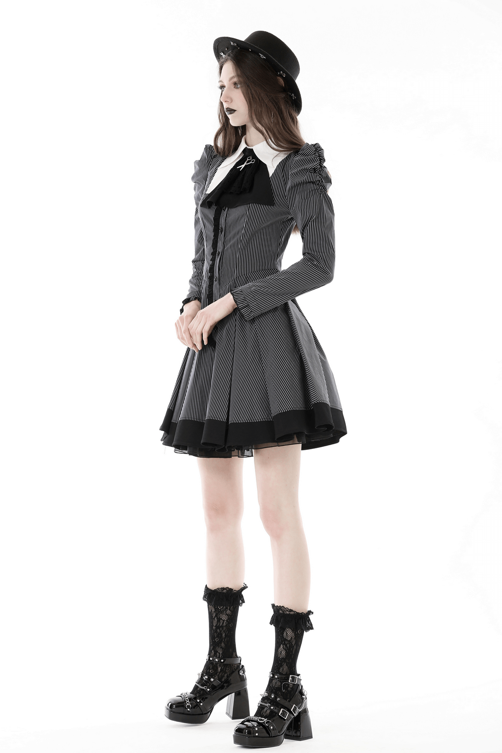 Steampunk Striped Dress with Ruffled Sleeves and Bow - image 12