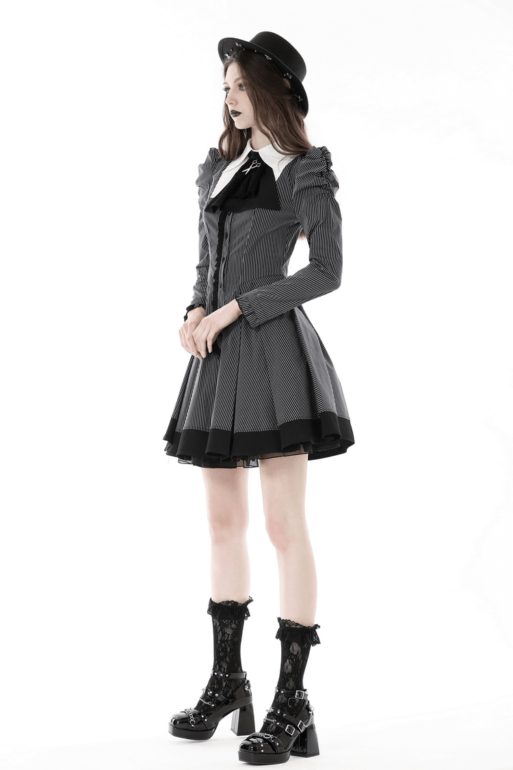 Steampunk Striped Dress with Ruffled Sleeves and Bow - image 12