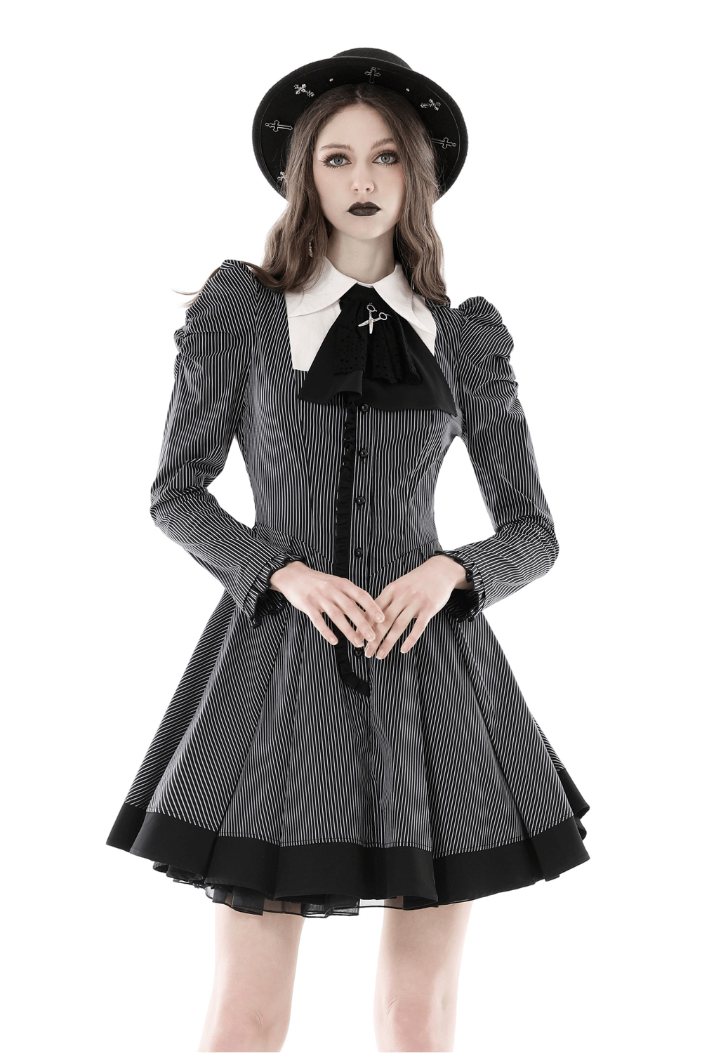 Steampunk Striped Dress with Ruffled Sleeves and Bow - image 1