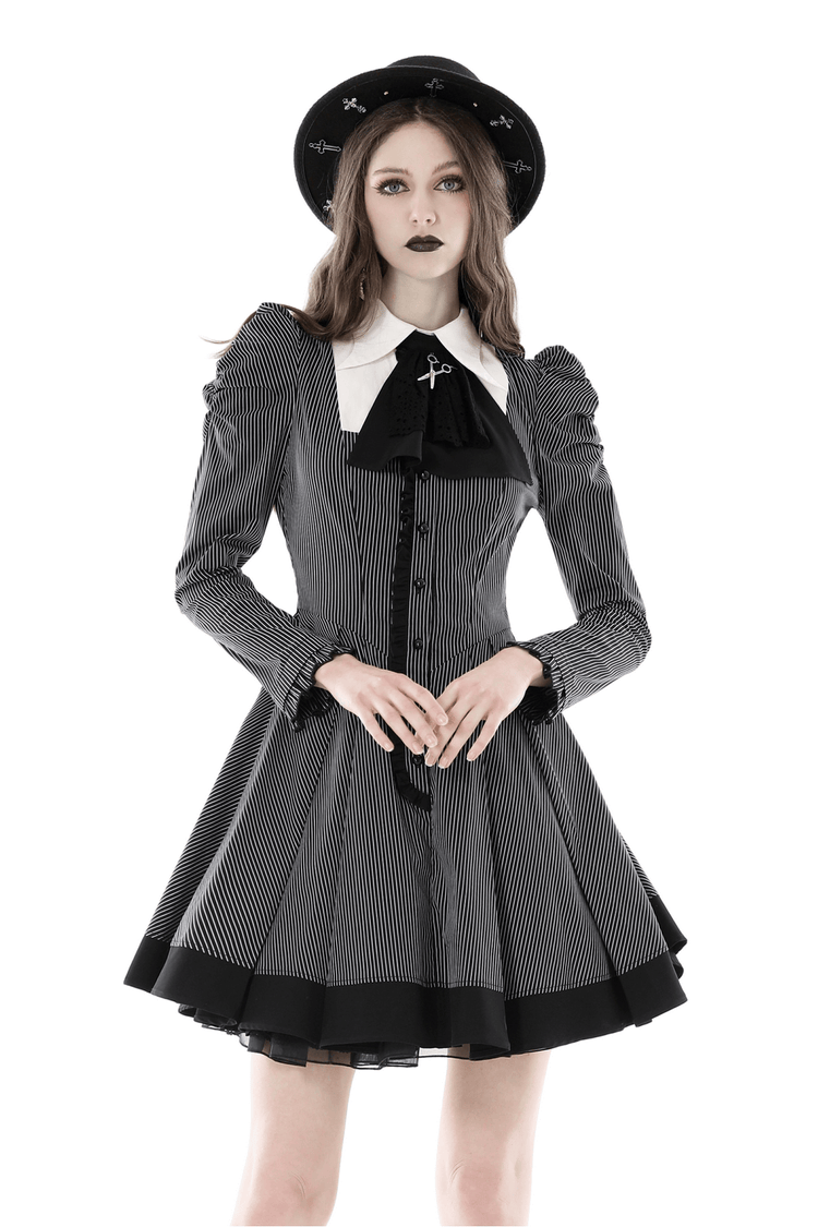 Steampunk Striped Dress with Ruffled Sleeves and Bow - image 1