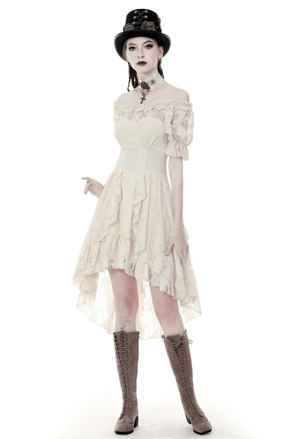 Steampunk Victorian Off-Shoulder Short Sleeves Lace Dress - image 1