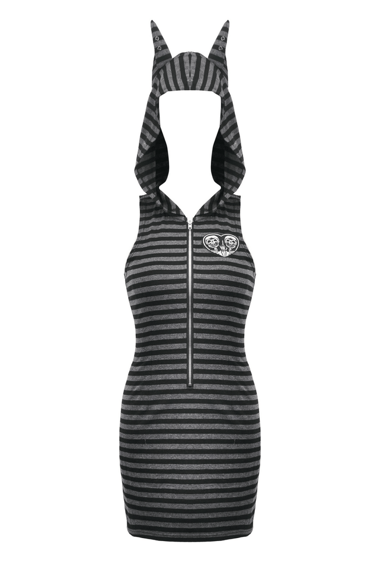 Striped Gothic Hooded Dress with Skull and Heart Detail - image 4