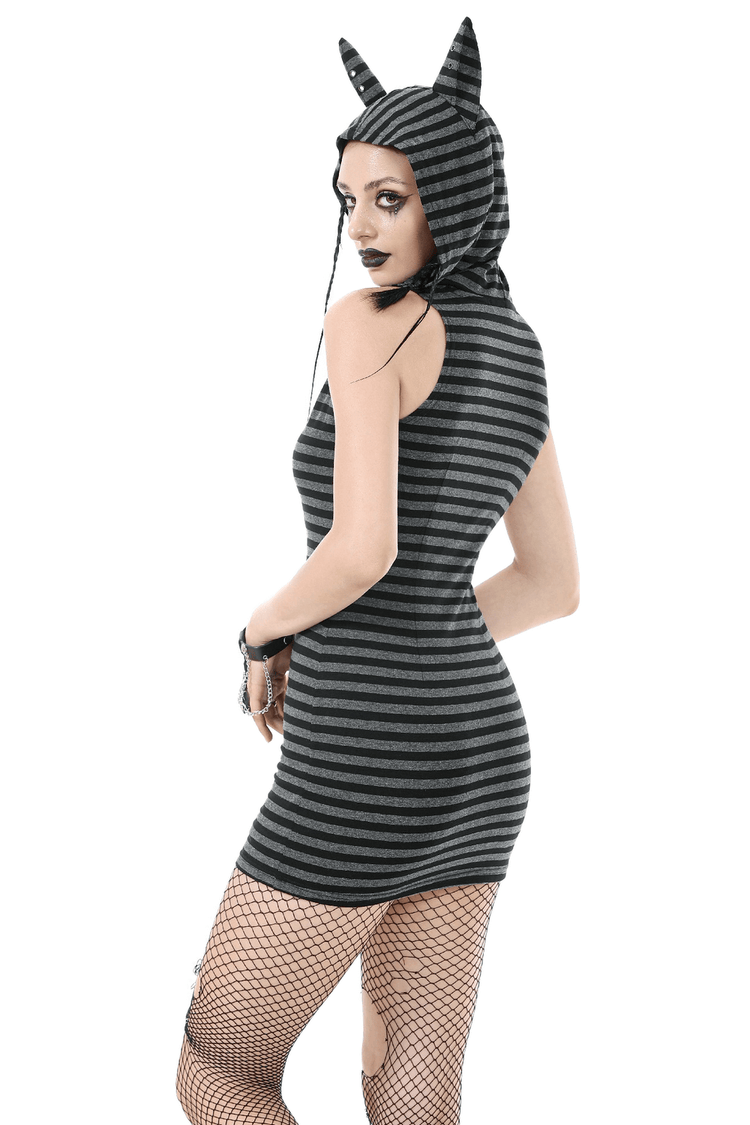 Striped Gothic Hooded Dress with Skull and Heart Detail - image 2