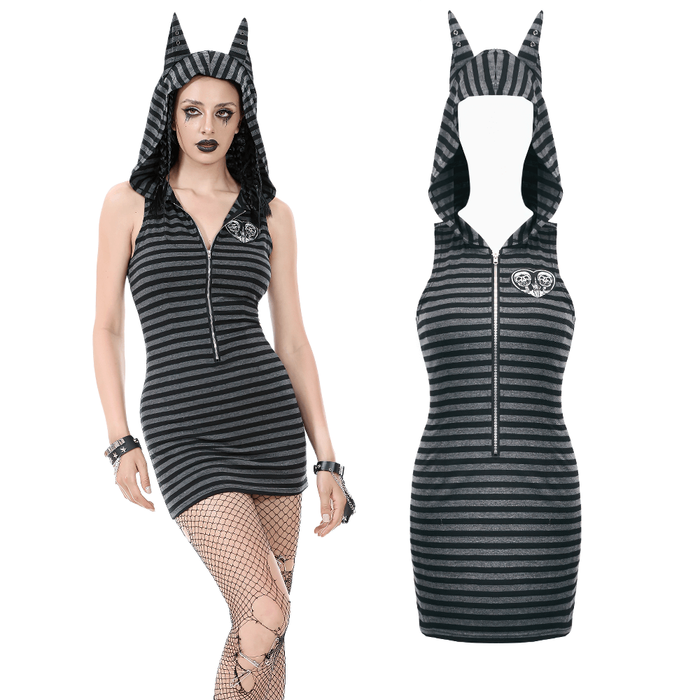 Striped Gothic Hooded Dress with Skull and Heart Detail - image 3