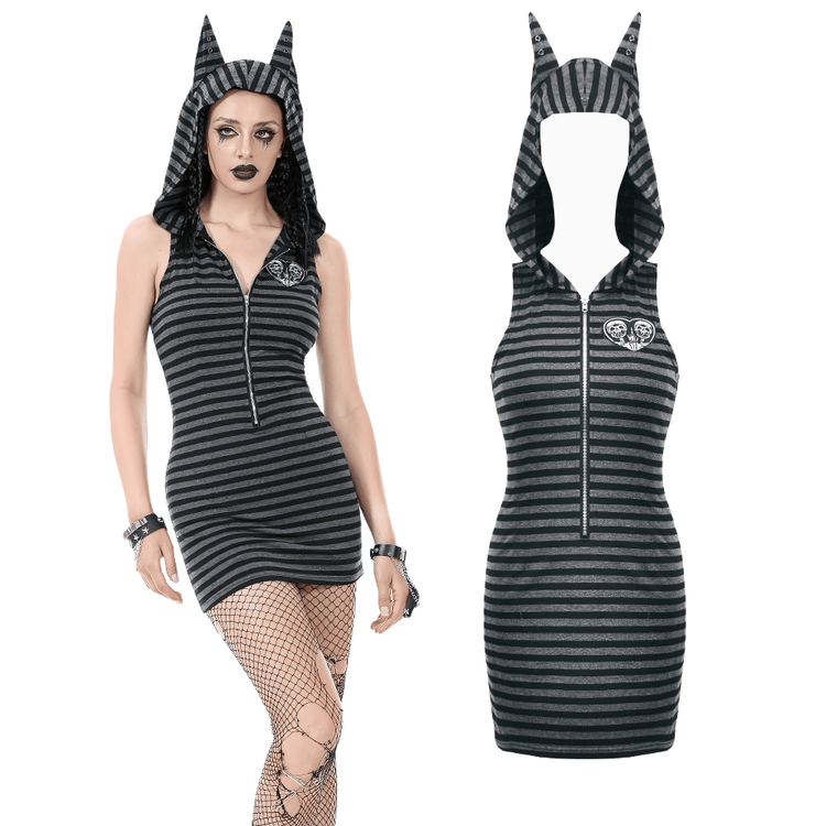 Striped Gothic Hooded Dress with Skull and Heart Detail - image 3