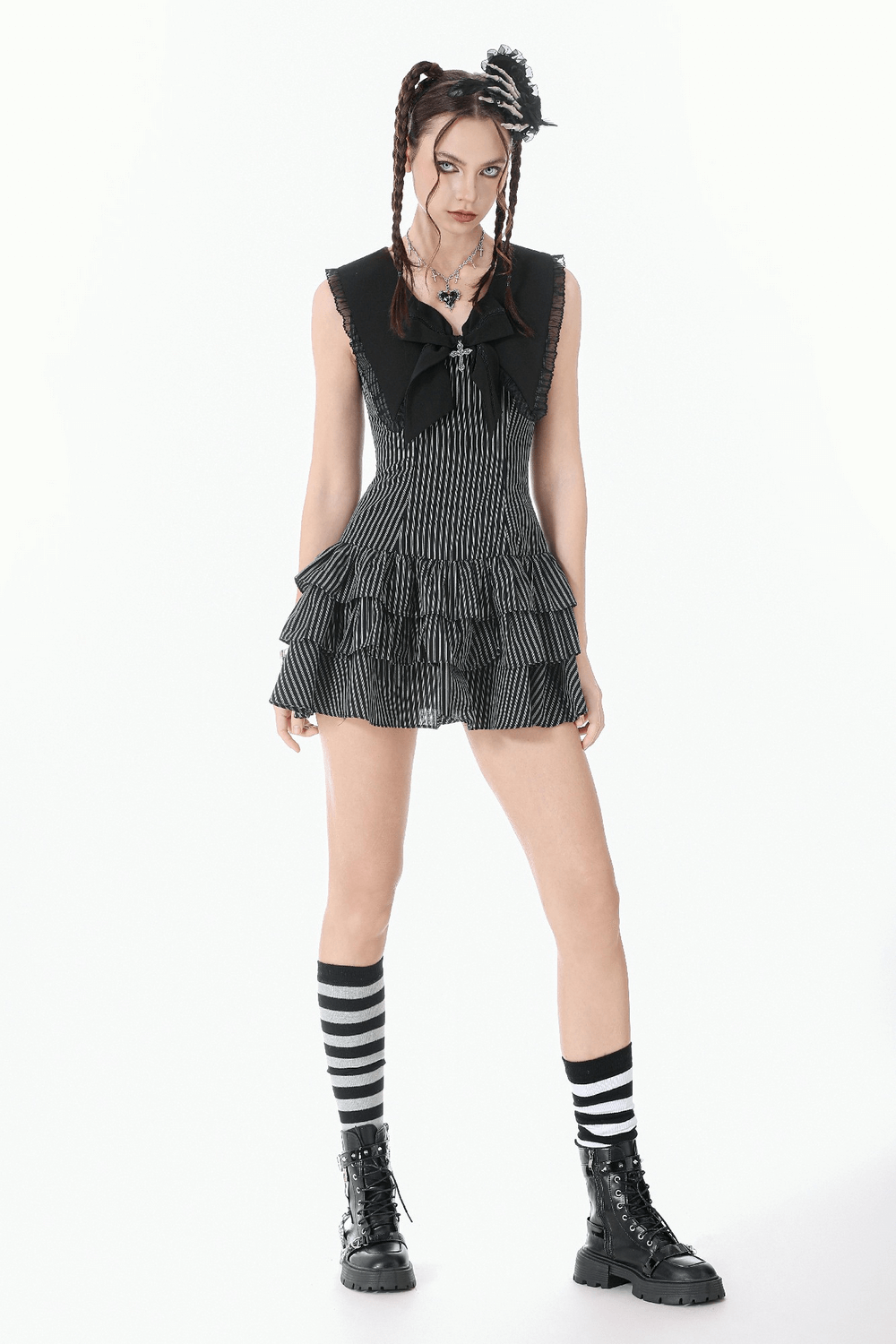 Striped Ruffle Dress with Bow and Lace-Up Back for Women - image 11