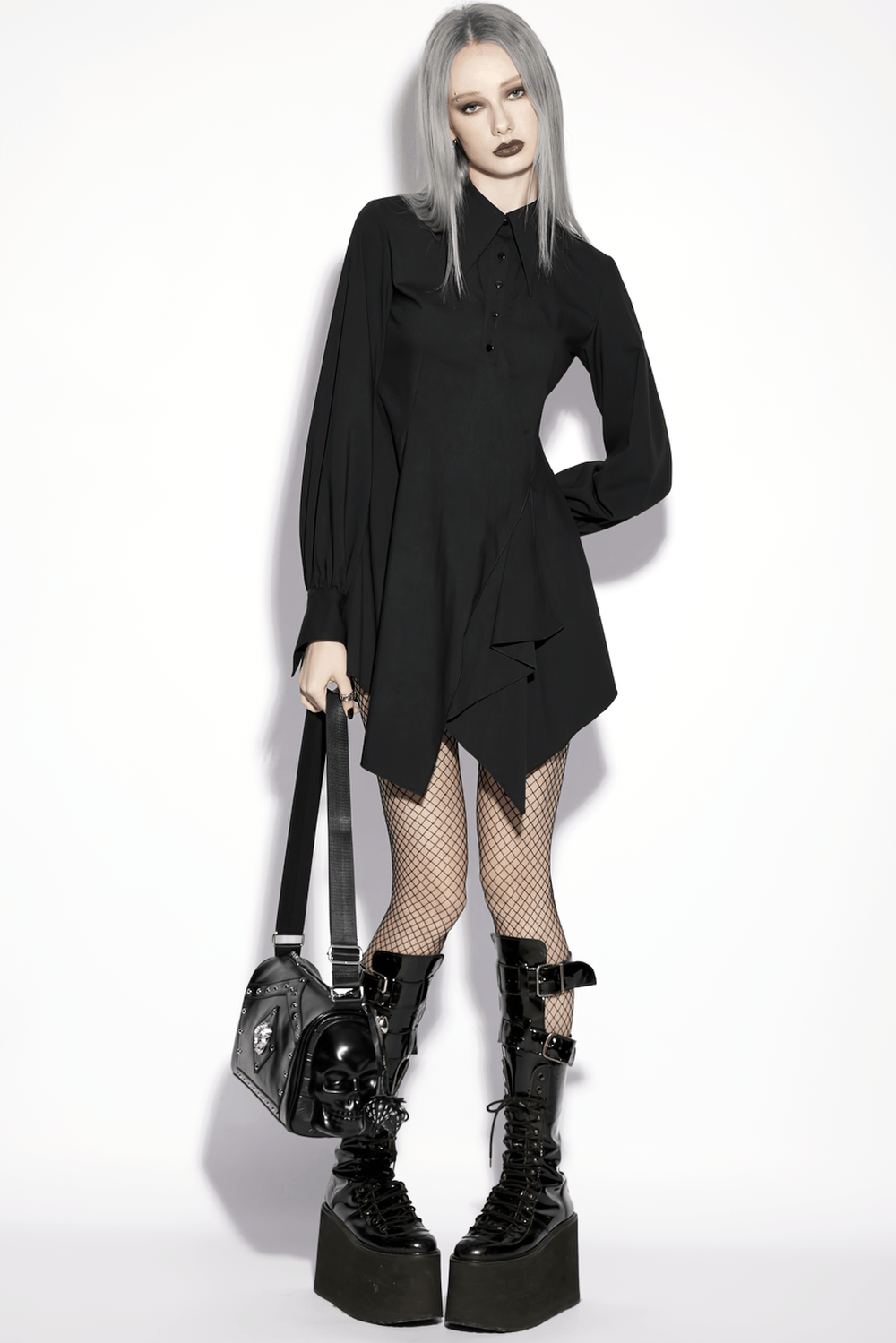 Stylish Black Gothic Asymmetrical Punk Shirt-Dress - image 16