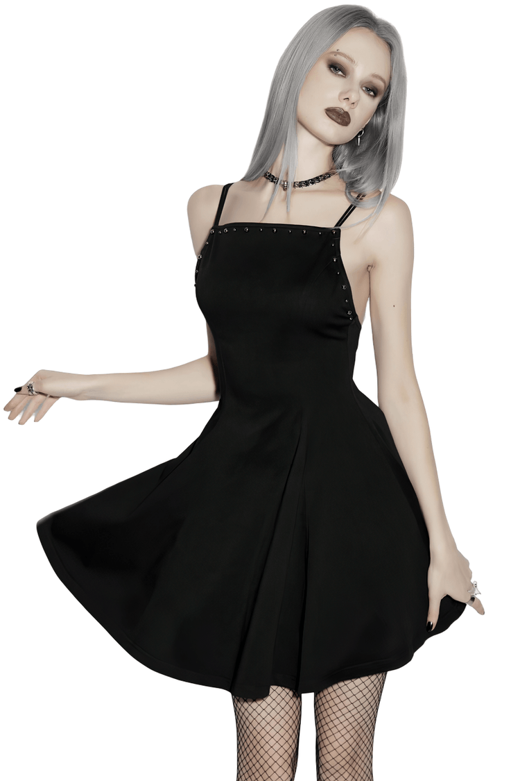 Stylish Black Gothic Studded Strappy A-Line Mini Dress - image 1