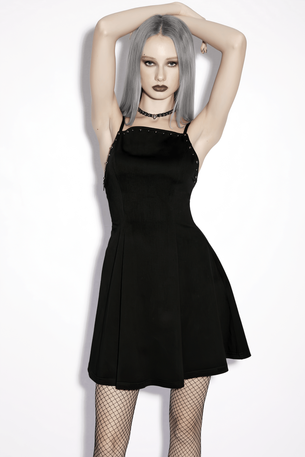 Stylish Black Gothic Studded Strappy A-Line Mini Dress - image 13