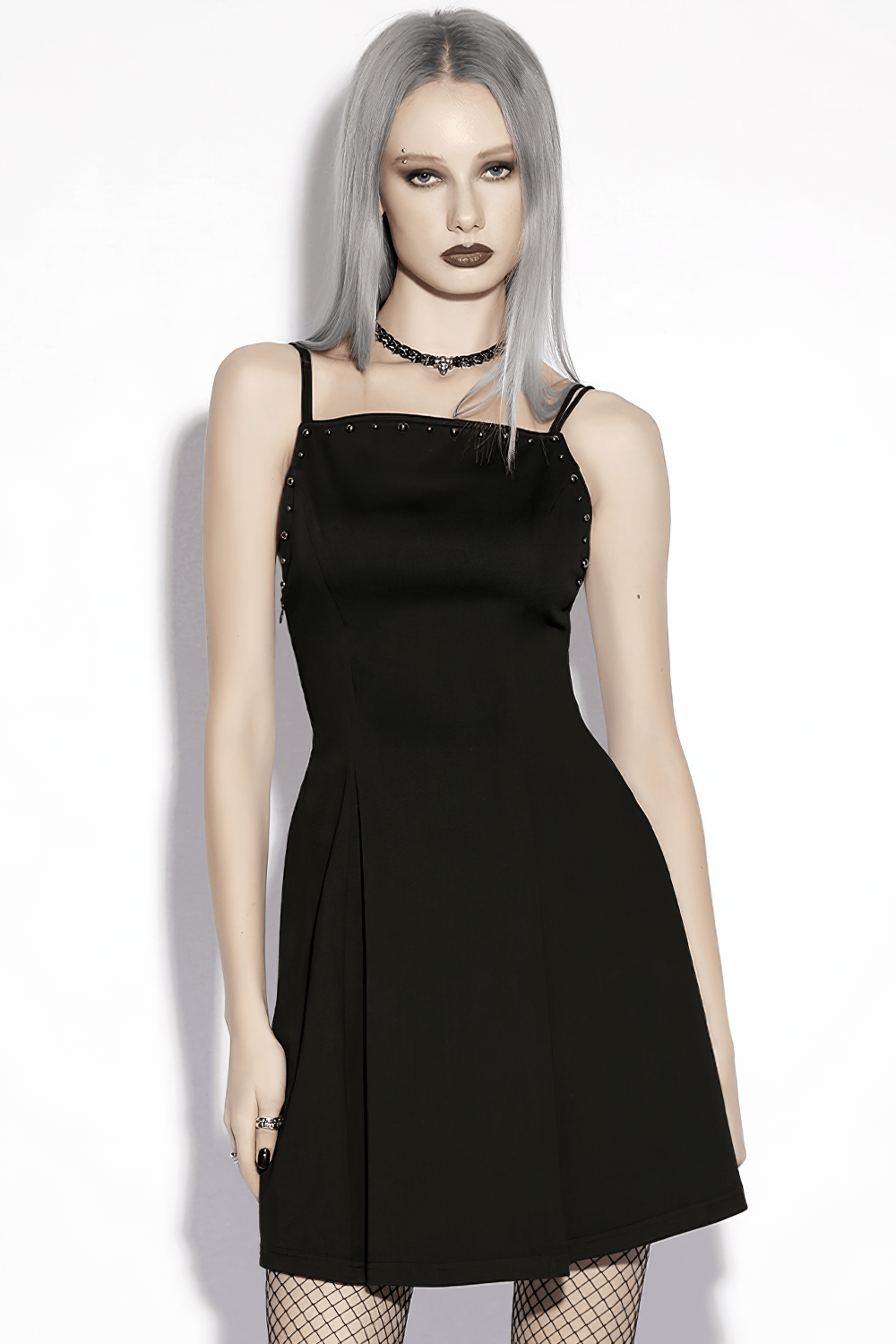 Stylish Black Gothic Studded Strappy A-Line Mini Dress - image 11