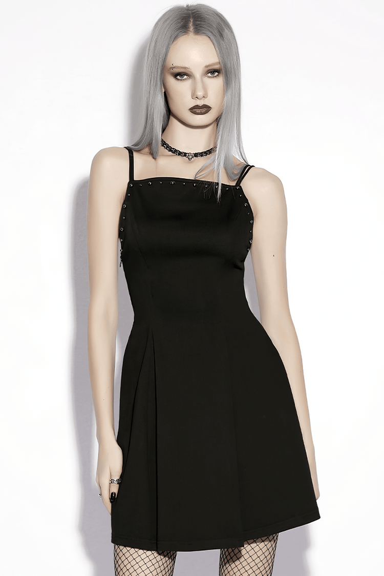 Stylish Black Gothic Studded Strappy A-Line Mini Dress - image 11