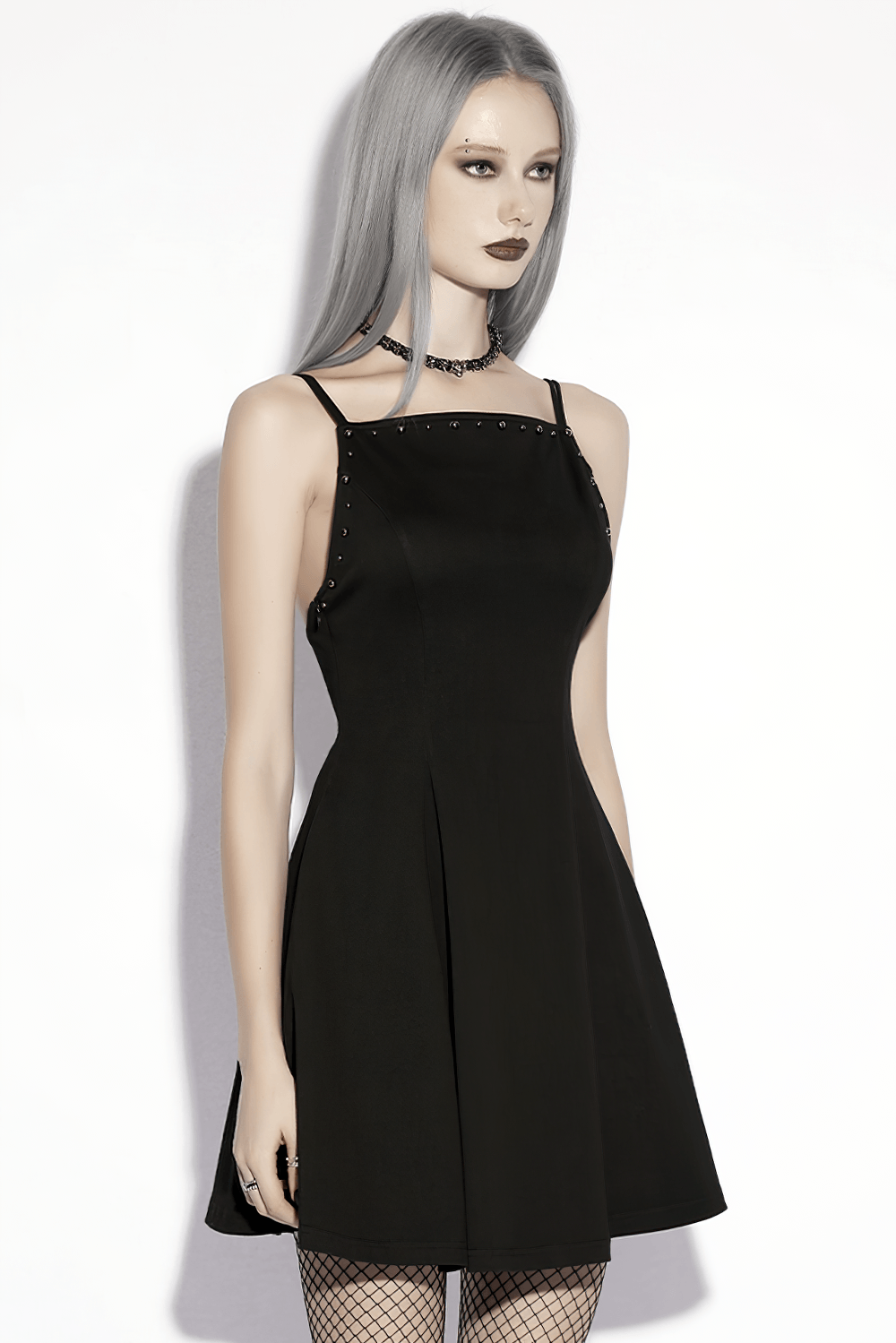 Stylish Black Gothic Studded Strappy A-Line Mini Dress - image 12