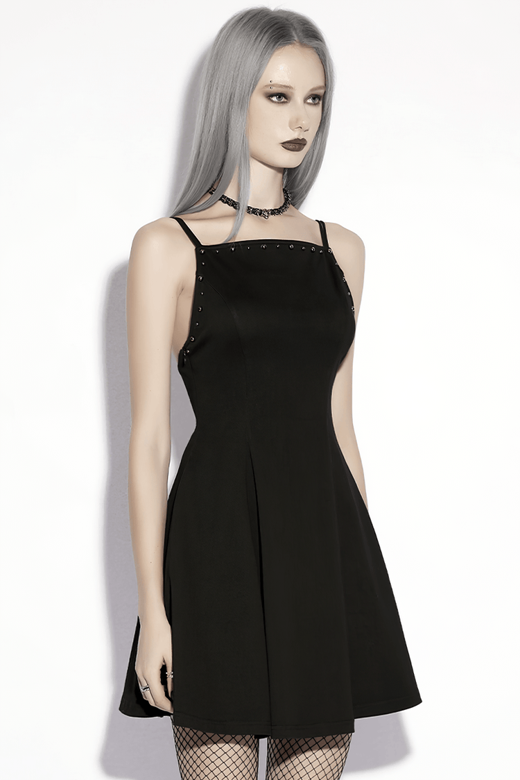 Stylish Black Gothic Studded Strappy A-Line Mini Dress - image 12