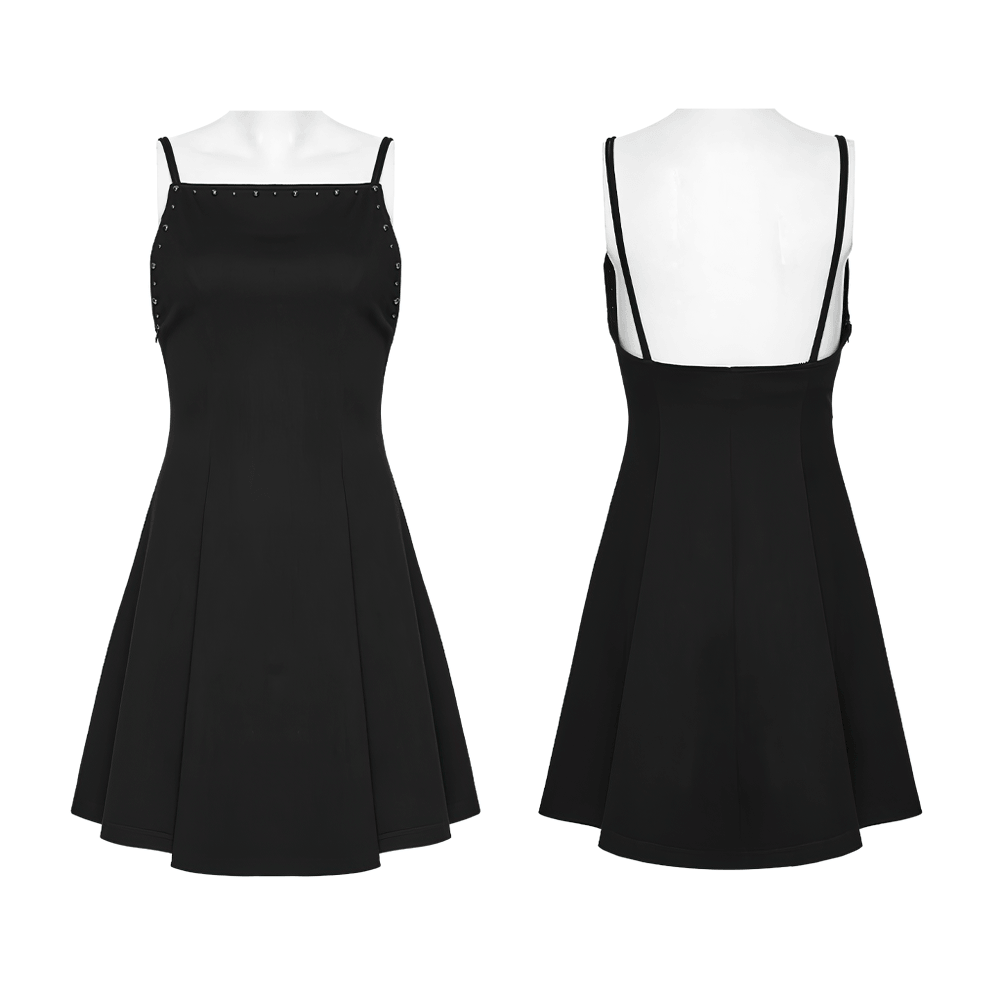 Stylish Black Gothic Studded Strappy A-Line Mini Dress - image 3
