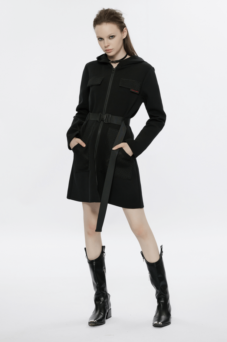 Stylish Black Hooded Zip-Front Tactical Dress - image 14