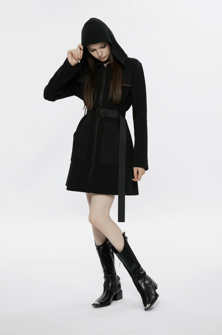 Stylish Black Hooded Zip-Front Tactical Dress - image 15