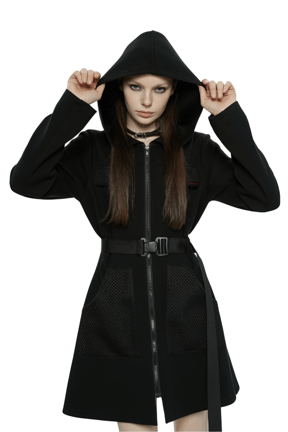 Stylish Black Hooded Zip-Front Tactical Dress - image 1
