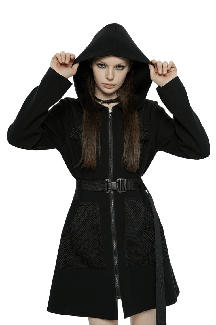 Stylish Black Hooded Zip-Front Tactical Dress - image 1