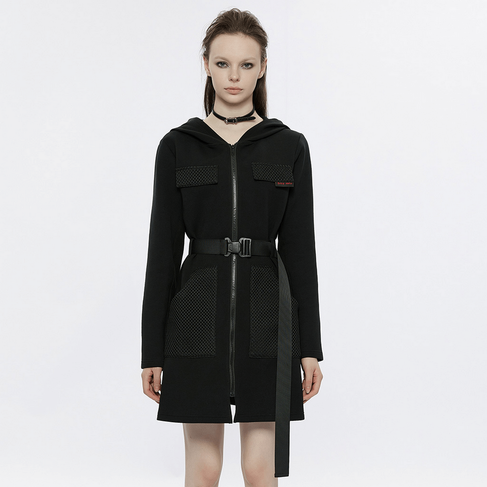 Stylish Black Hooded Zip-Front Tactical Dress - image 11