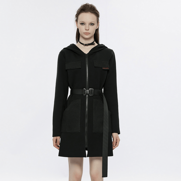 Stylish Black Hooded Zip-Front Tactical Dress - image 11
