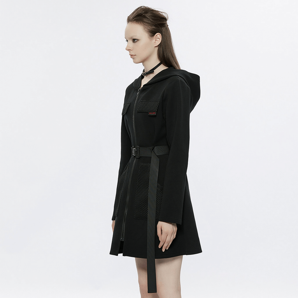Stylish Black Hooded Zip-Front Tactical Dress - image 12