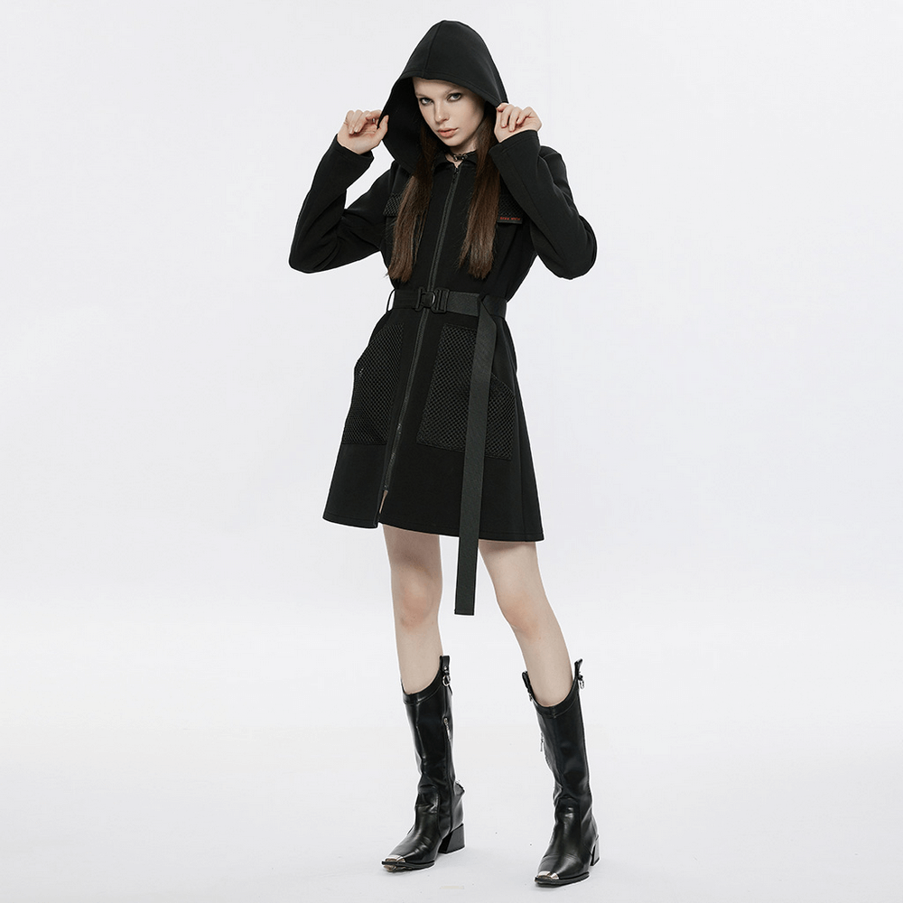 Stylish Black Hooded Zip-Front Tactical Dress - image 13