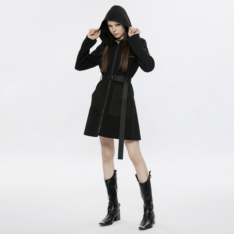 Stylish Black Hooded Zip-Front Tactical Dress - image 13