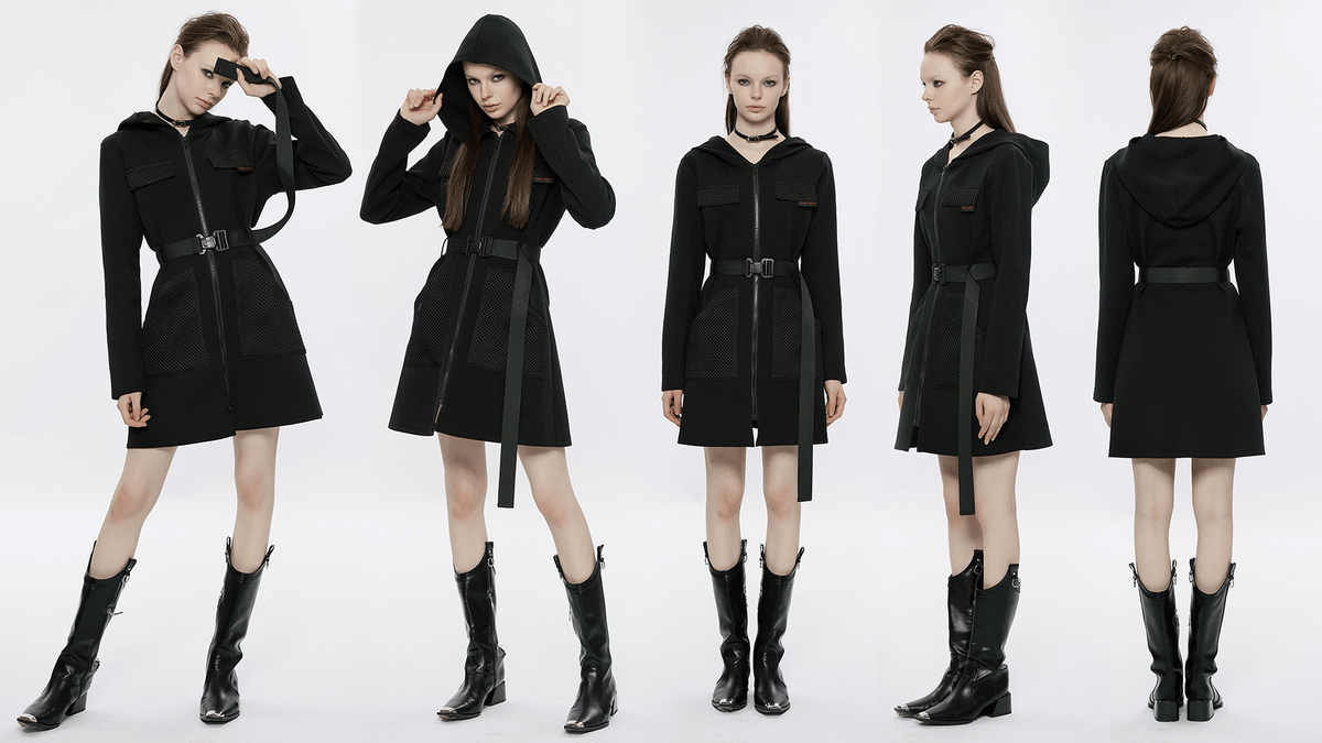 Stylish Black Hooded Zip-Front Tactical Dress - image 16