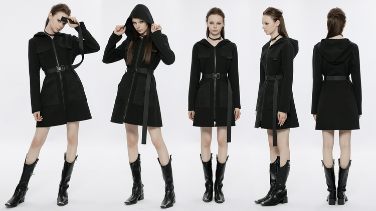 Stylish Black Hooded Zip-Front Tactical Dress - image 16
