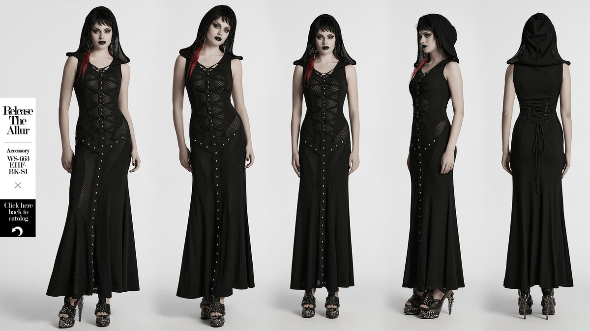 Stylish Gothic Mesh Panel Hooded Dress with Metal Details - image 16