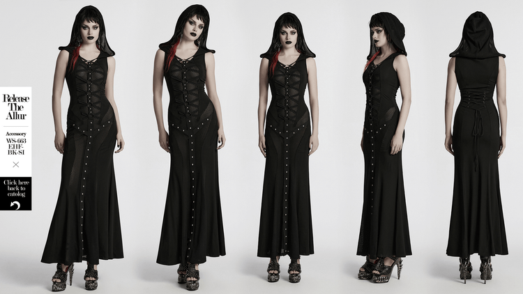 Stylish Gothic Mesh Panel Hooded Dress with Metal Details - image 16