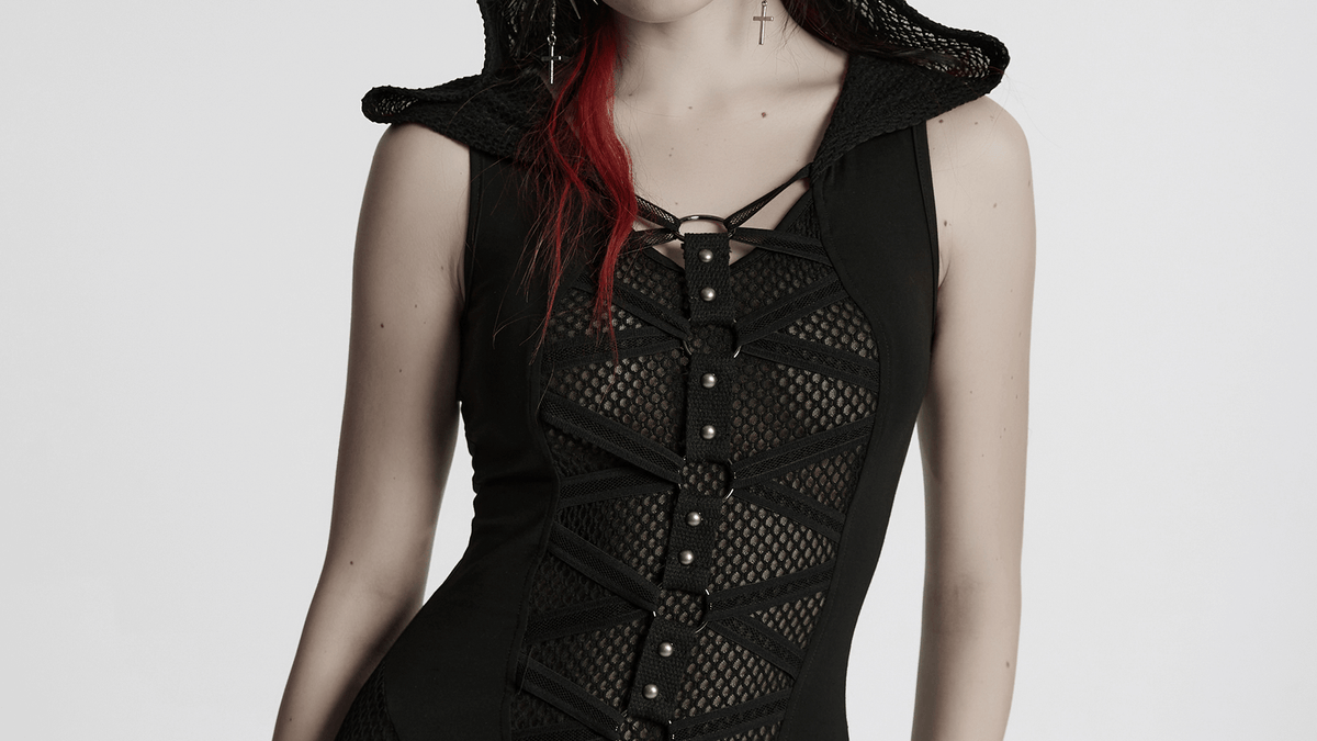Stylish Gothic Mesh Panel Hooded Dress with Metal Details - image 15