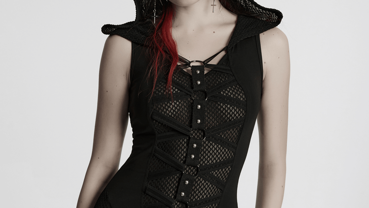 Stylish Gothic Mesh Panel Hooded Dress with Metal Details - image 15